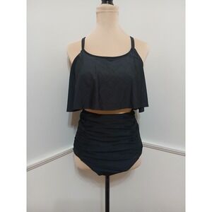 Shapermint Essentials Black Ruffle Bikini Top High Waisted Bottom Set XL NEW